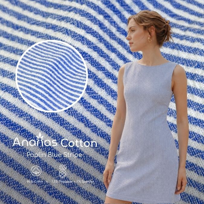Vải Dứa Ananas Dệt Thoi Poplin Sọc Xanh Trắng 3 Ananas Cotton Poplin Blue Stripe 86 Pineapple Fiber 1% Spandex