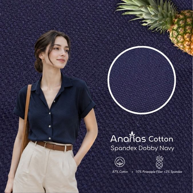 Vải Dứa Ananas Dobby Xanh Navy 6 Ananas Organic Cotton Spandex Dobby Navy sơ mi nữ shrit