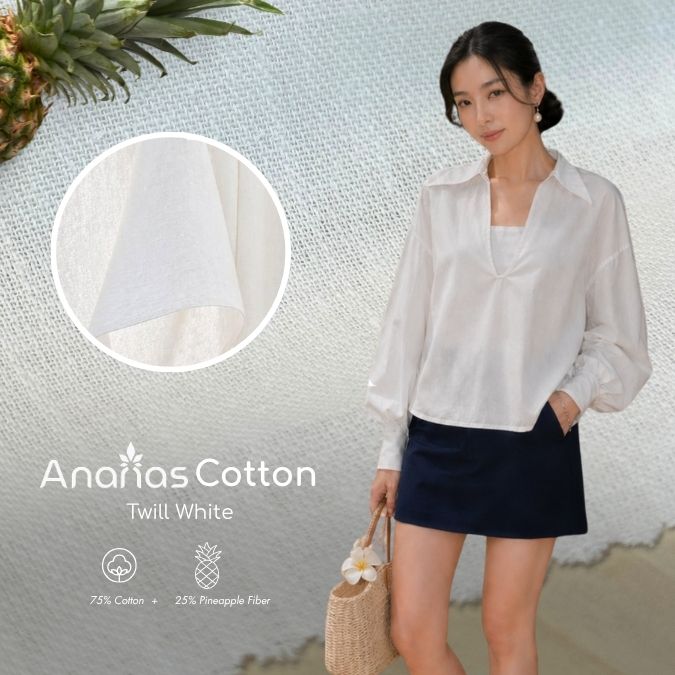 Vải Dứa Ananas Sơ Mi Dệt Twill Màu Trắng 3 Ananas Twill White (Pineapple fiber cotton)