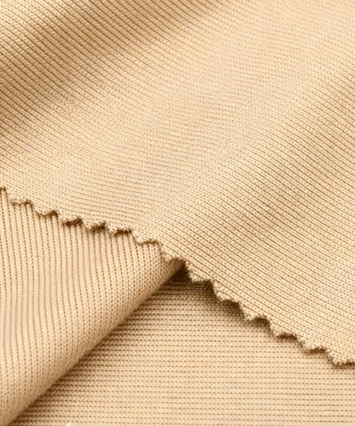 94% Bamboo Cotton 1×1 Rib Knit Fabric 250 GSM 4-Way Stretch, màu beggier