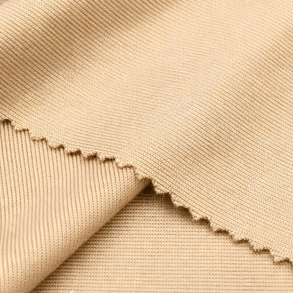 RIB 1x1 94%BAMBOO COTTON 5%SPANDEX 250GSM 3 94% Bamboo Cotton 1×1 Rib Knit Fabric 250 GSM 4-Way Stretch, màu beggier